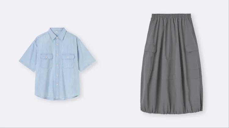 GU牛仔oversized工作襯衫（左）限定價690元、女裝輕型工裝裙（右）限定價890元。品牌提供