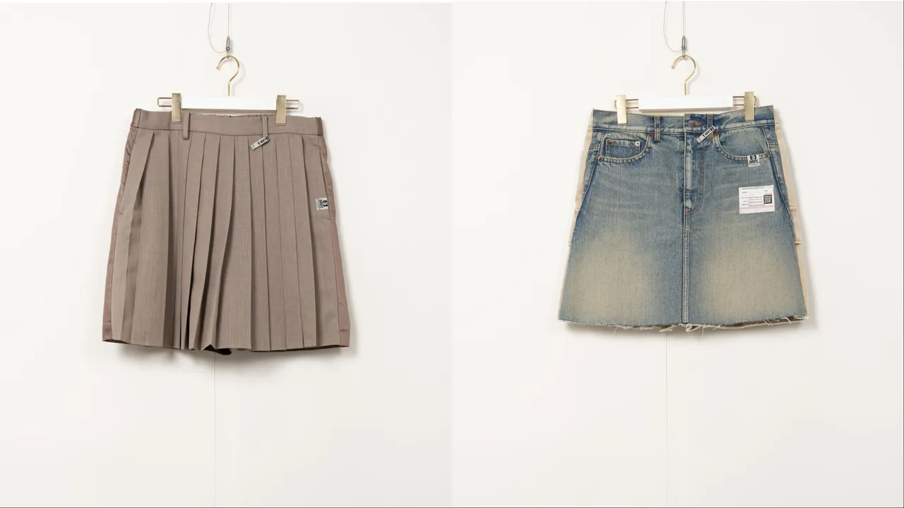 MMY卡其百摺褲裙（左）1萬8180元、前後拼接丹寧短褲 （右）2萬9080元。品牌提供