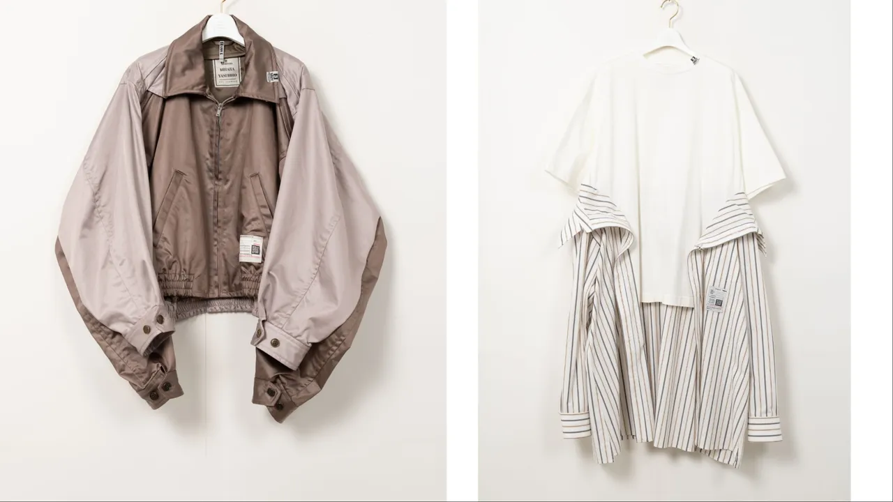 MMY四袖設計解構拉鍊夾克（左）3萬5280元、拼接條紋襯衫洋裝 （右）1萬9280元。品牌提供