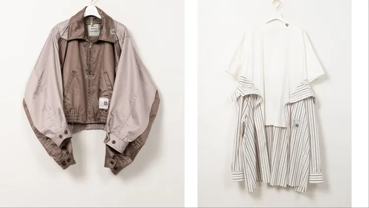 MMY四袖設計解構拉鍊夾克（左）3萬5280元、拼接條紋襯衫洋裝 （右）1萬9280元。品牌提供