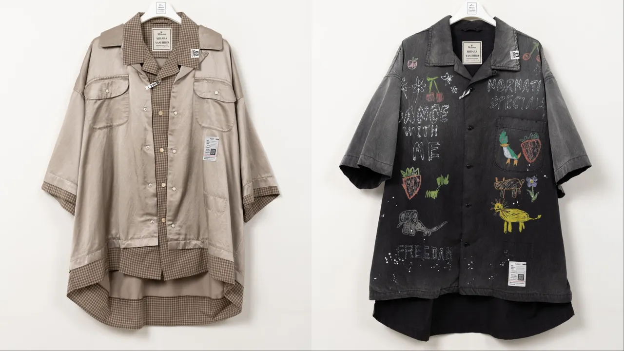 MMY卡其細格拼接解構短袖襯衫（左）2萬5680元、手繪塗鴉印花短袖襯衫（右）2萬6680元。品牌提供