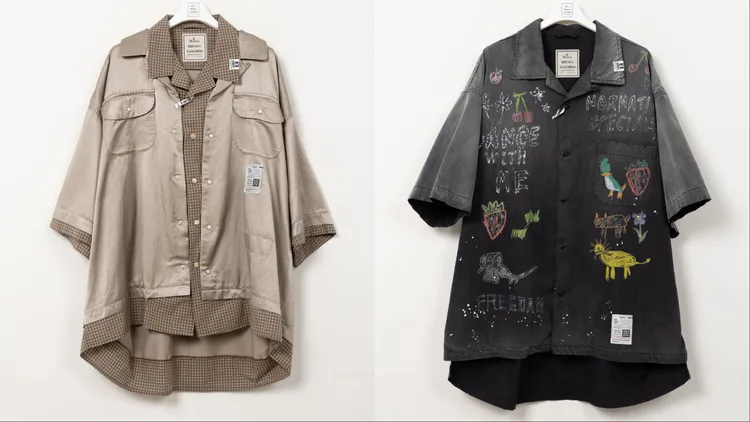 MMY卡其細格拼接解構短袖襯衫（左）2萬5680元、手繪塗鴉印花短袖襯衫（右）2萬6680元。品牌提供