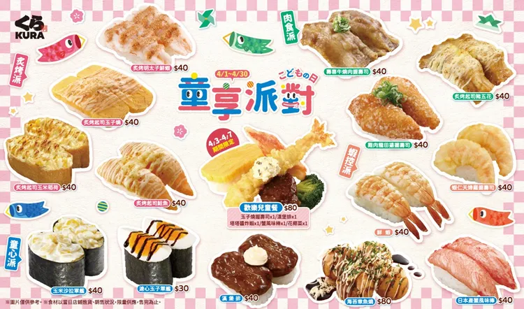 藏壽司特別企劃「童享派對」熟食壽司系列，結合炙烤、肉食、蝦控與童心四大風味。業者提供