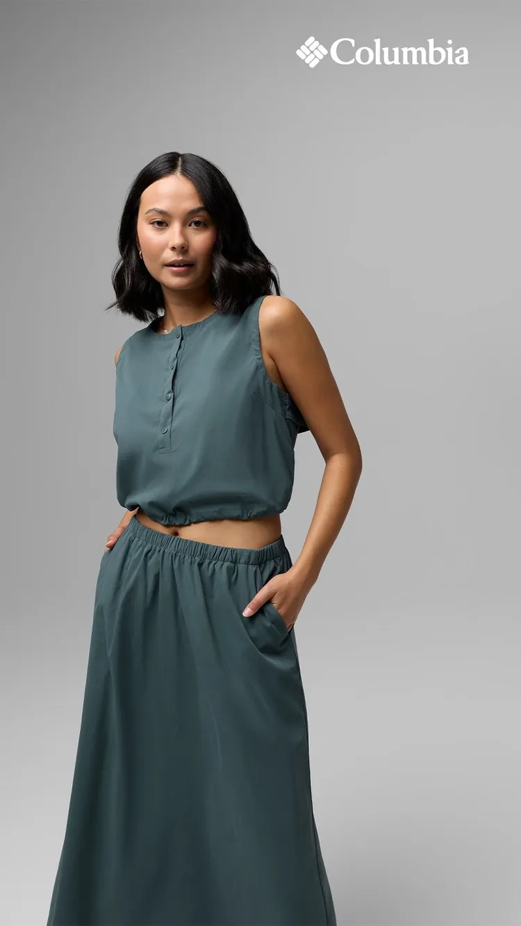 Columbia CHILL CREEK沁涼穿行系列涼感無袖背心2180元、涼感長裙2580元。品牌提供