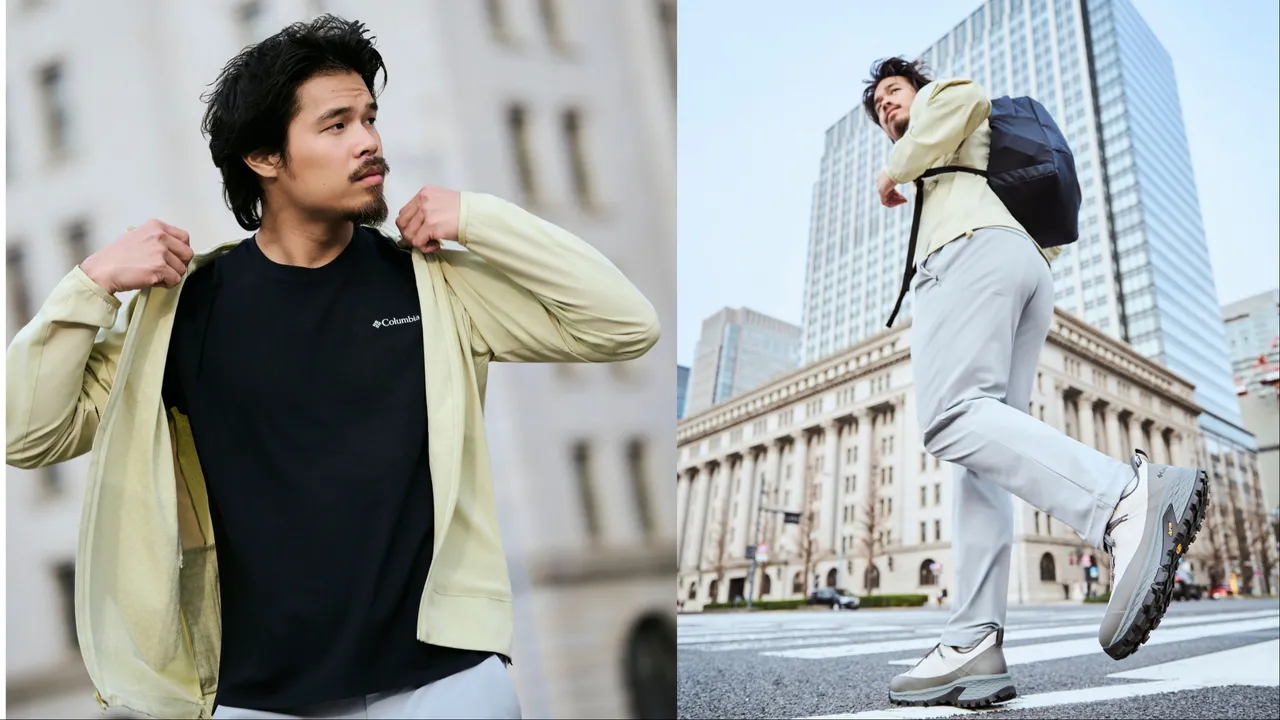 Columbia TRANSIT都會穿行系列超防曬UPF50酷涼快排連帽外套（左）、防潑長褲（右），各6980元。品牌提供