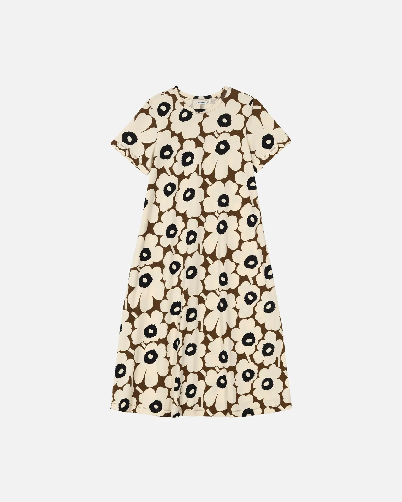 Marimekko咖啡色Unikko游霓可印花短袖長洋裝，8900元。品牌提供
