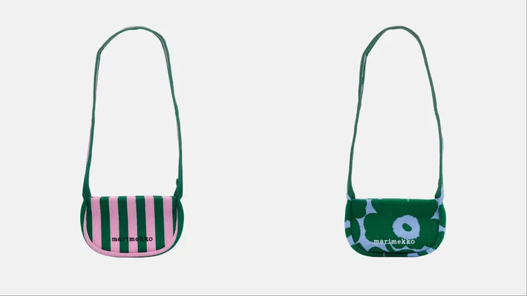 Marimekko粉綠Merirosvo條紋針織肩背包（左）、Unikko 游霓可印花針織肩背包（右），各7190元。品牌提供