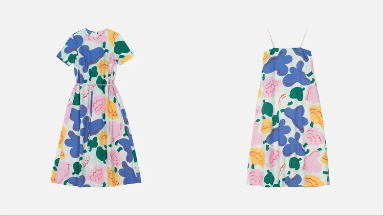 Marimekko Kukasta kukkaan花間漫舞印花短袖長洋裝（左、花間漫舞印花細肩帶長洋裝（右），各1萬6900元。品牌提供