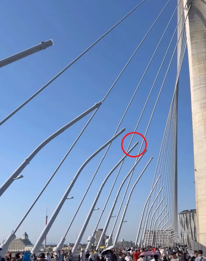 淡江大橋即將通車，有民眾卻發現其中一支路燈(紅圈處)狂搖不止。淡水房仲翁先生提供