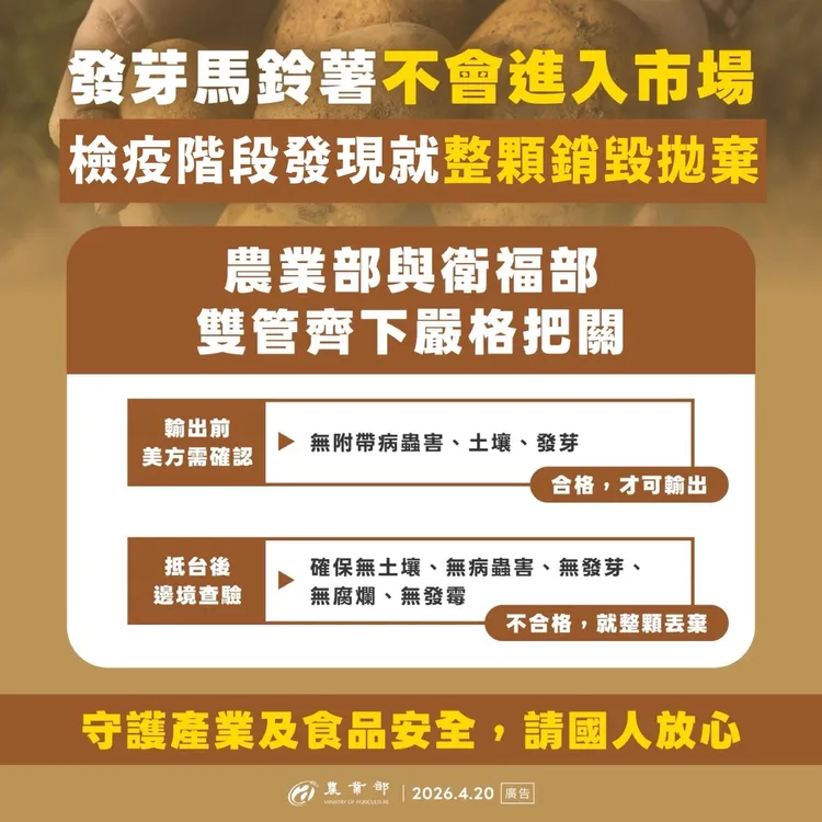 防檢署強調，進口馬鈴薯全流程把關，不合格將一律棄置銷毀。農業部