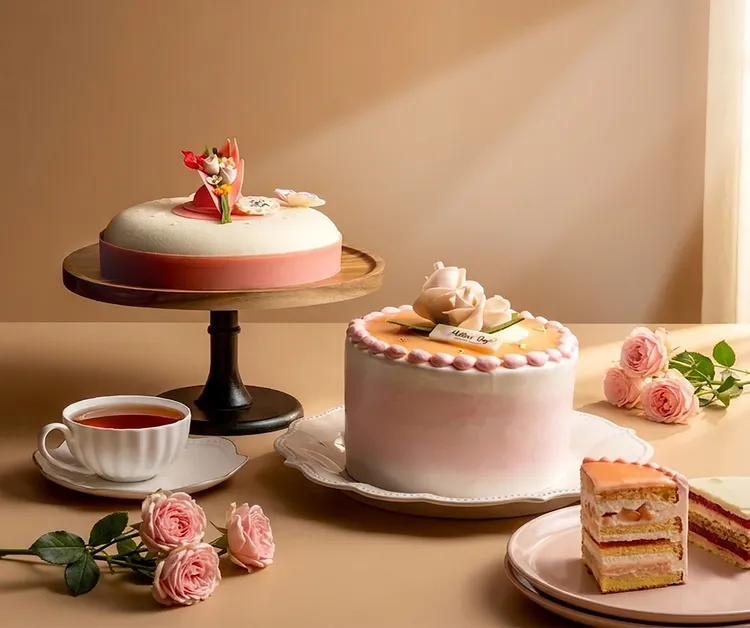 台北漢來大飯店一樓的日日烘焙坊即日起至5/10推出以女王花境為題的兩款母親節蛋糕，「花語之約」(左)，7吋售價1480元。「溫柔時光」(右)，6吋售價1380元。圖台北漢來大飯店提供