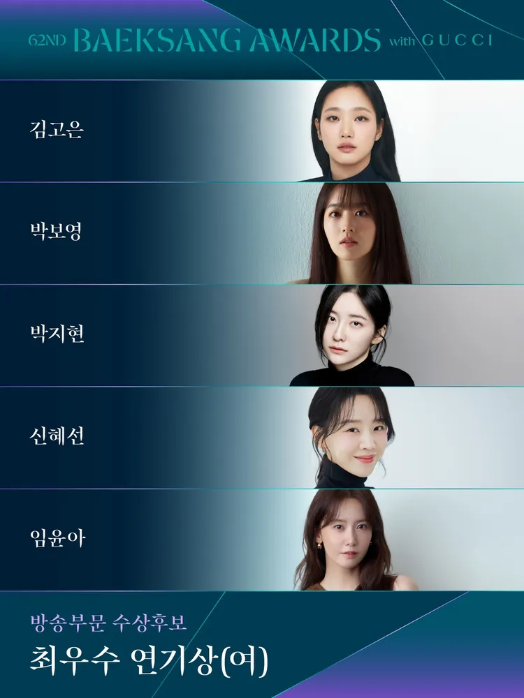 視后由《妳和其餘的一切》金高銀（上圖起）、《未知的首爾》朴寶英、《妳和其餘的一切》朴智賢、《莎拉的真偽人生》申惠善、《暴君的廚師》潤娥角逐。翻攝百想藝術大賞IG