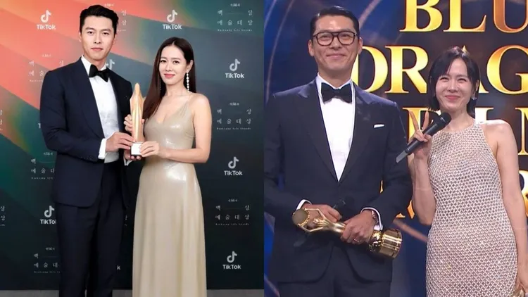 玄彬、孫藝真婚前曾因《愛的迫降》一起領百想人氣獎（左圖），去年以首組夫妻之姿，雙奪青龍獎帝后。翻攝百想藝術大賞、chzzk