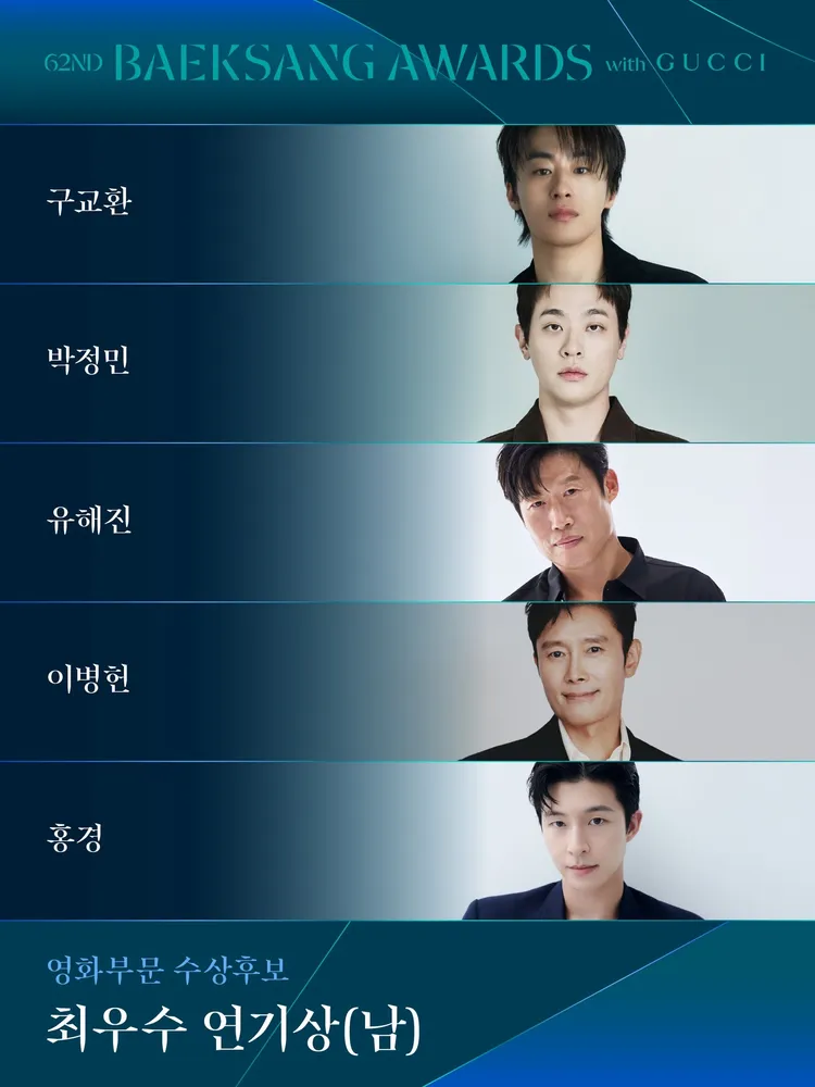 影帝入圍的有《之後的我們》具教煥（上圖起）、《醜得要命》朴正民、《王命之徒》柳海真、《徵人啟弒》李秉憲、《凶降喜訊》紅炅。翻攝百想藝術大賞IG
