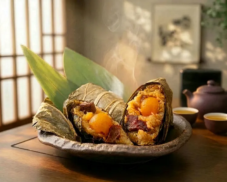 「醬燒牛肉蛋黃粽」這款重磅新品嚴選美國牛肋條慢火細燉，讓濃郁醬香與黏糯米粒呈現厚實層次，每顆310元。台北遠東香格里拉提供
