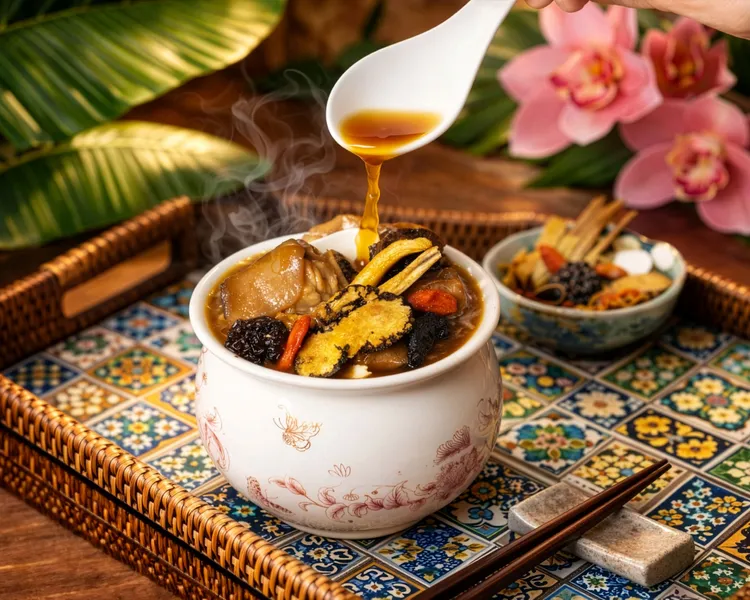 「巴生肉骨茶」精華湯包是「南洋風情食趣組」的靈魂配件，嚴選豬肋排與漢方慢火細燉，以溫厚辛香與胡椒芬芳巧妙平衡美粽的豐腴油脂。台北遠東香格里拉提供