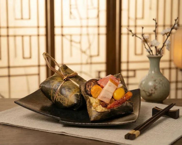 「正宗廣式裹蒸粽」分量十足且遵循古法製作，以荷葉包裹干貝與多重奢華內餡，慢熬出飽滿的粵式工藝精華，每顆400元。台北遠東香格里拉提供