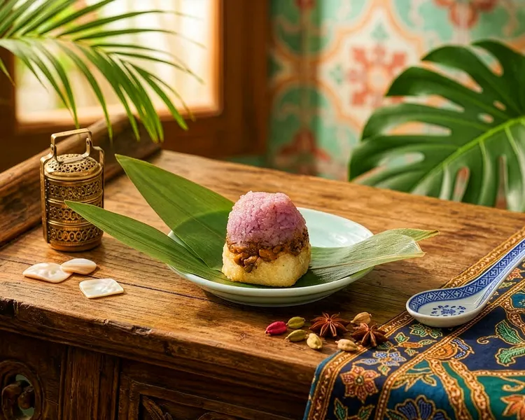 「檳城道地南洋粽」是由行政主廚陳勇偉特別帶來的家鄉味，以紫心甘薯粉染製出夢幻外皮，完美交織椰奶溫潤與異國辛香，每顆售價188元。台北遠東香格里拉提供