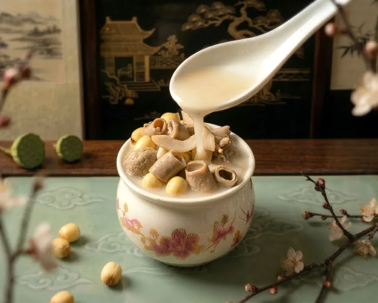 「香宮主廚特製八神湯」精華湯包為「粵式經典傳承組」專屬隨袋配搭，以蓮子與豬腸慢燉出清甜湯頭，為厚實的星級美粽注入一抹滋補清爽的溫潤。台北遠東香格里拉提供