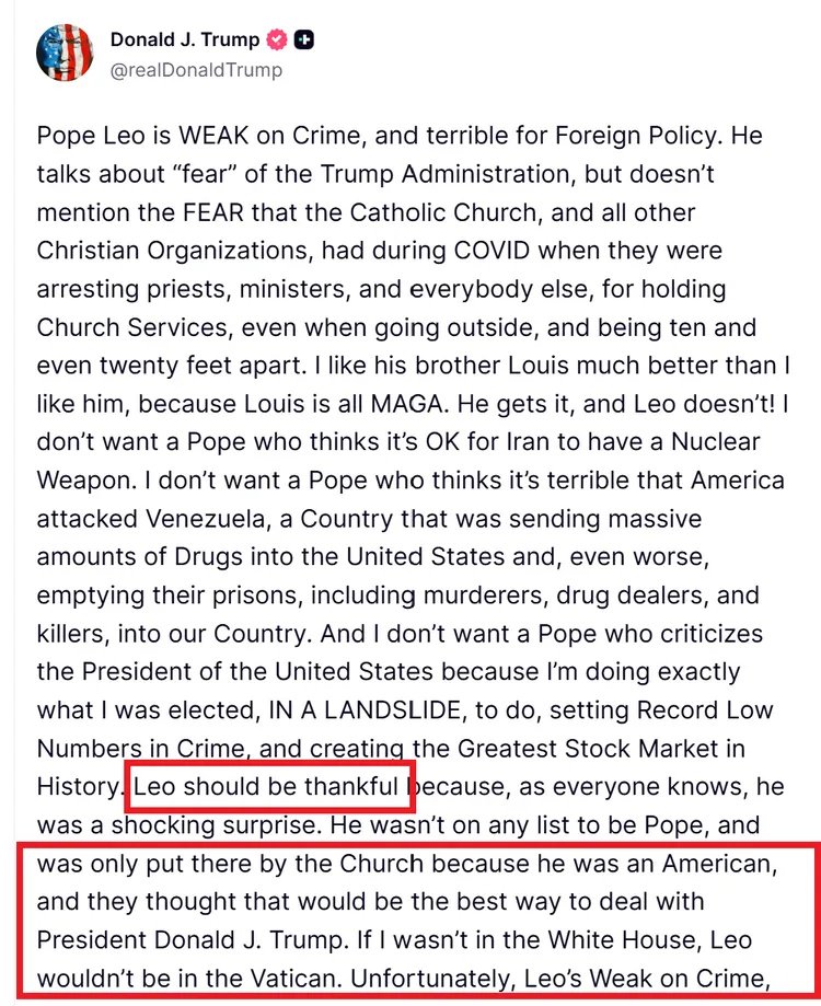 川普在貼文表示，希望教宗知道感激；如果不是他在白宮當總統，教廷不會選一個美國人當教宗（紅框，翻攝TruthSocial@DonaldTrump）。
