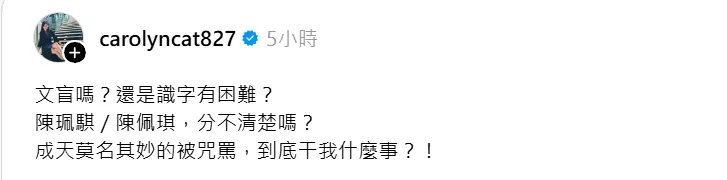 陳珮騏5日再度發文怒嗆網友。翻攝自threads_carolyncat827