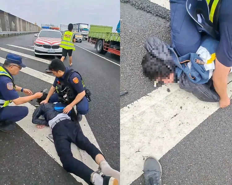 國道警方到場將張男壓制逮捕，通報119強制送醫。讀者提供