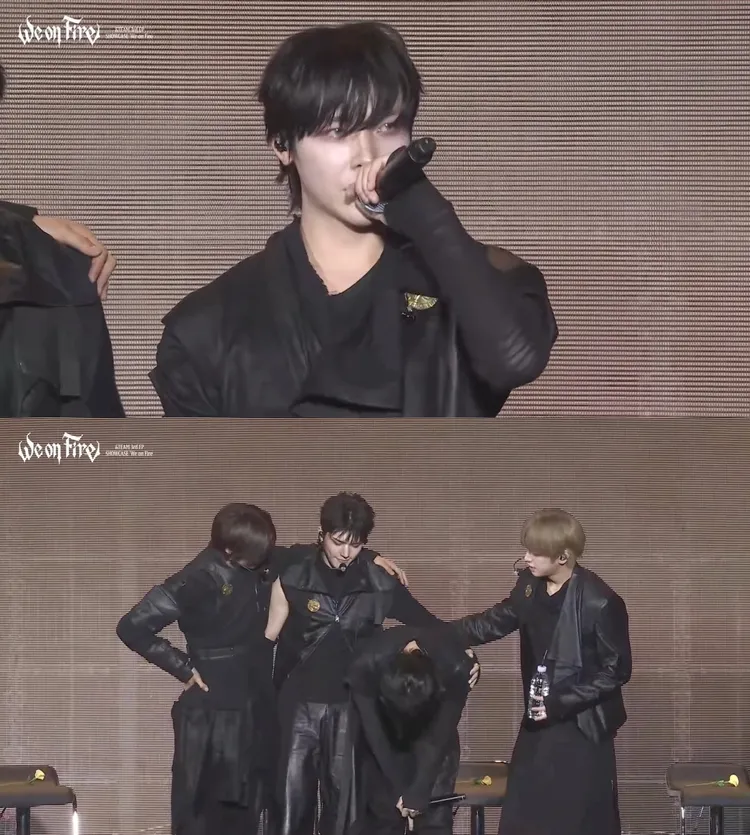 NICHOLAS（王奕翔，上圖）晚場showcase身體不堪負荷，缺席表演後自責落淚，K（下圖左起）、MAKI、TAKI拍肩安慰。翻攝Weverse