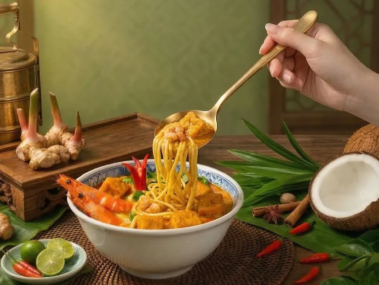 「海鮮叻沙麵」慢火熬製的深橙色湯頭凝聚了海鮮精華，這碗麵點飽含了主廚對故鄉檳城的真摯情懷。台北遠東香格里拉提供