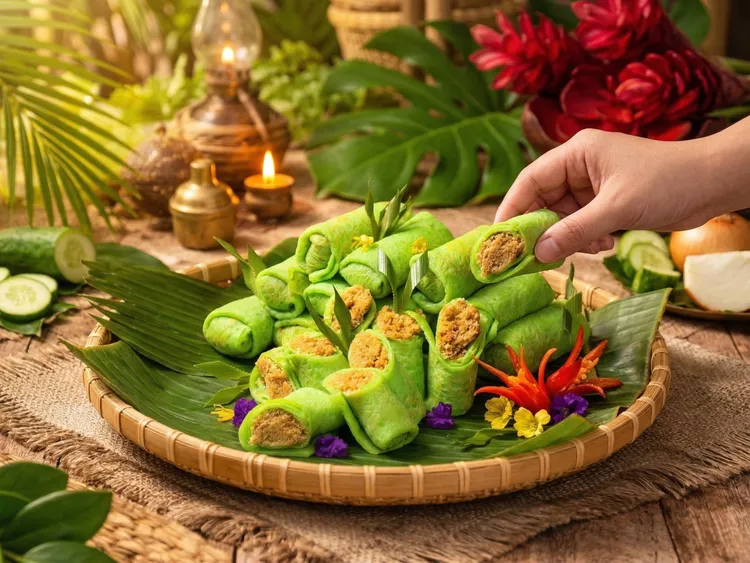 「香蘭椰絲卷」以芬芳軟糯的香蘭薄餅，包裹住香氣雙倍的椰糖椰絲內餡，成就娘惹甜點中的不敗經典。台北遠東香格里拉提供