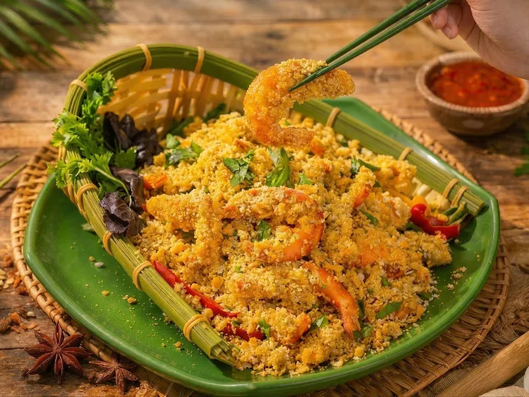 「麥片炒虎蝦」大尾虎蝦與奶油麥片共同翻炒，酥脆感中夾帶淡淡乳香與咖哩葉芬芳，口感驚喜且極具吸引力。台北遠東香格里拉提供