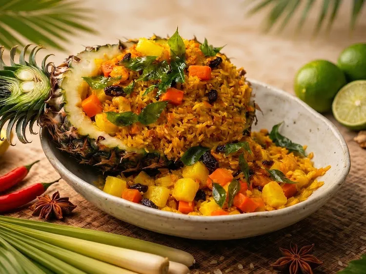 「鳳梨炒飯」金黃米粒伴隨鮮甜果肉與香脆腰果在鑊氣中翻滾，清爽口感是這場味蕾旅行的最佳平衡。台北遠東香格里拉提供