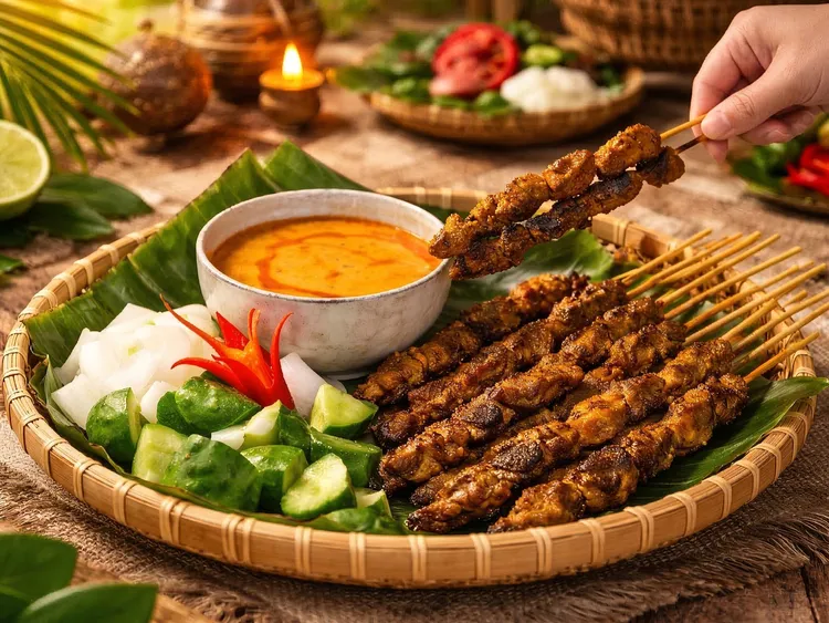 「羊肉沙嗲佐自製花生醬」炭烤至金黃焦香，裹上濃醇自製醬汁，鹹甜交織出道地南洋風味。台北遠東香格里拉提供