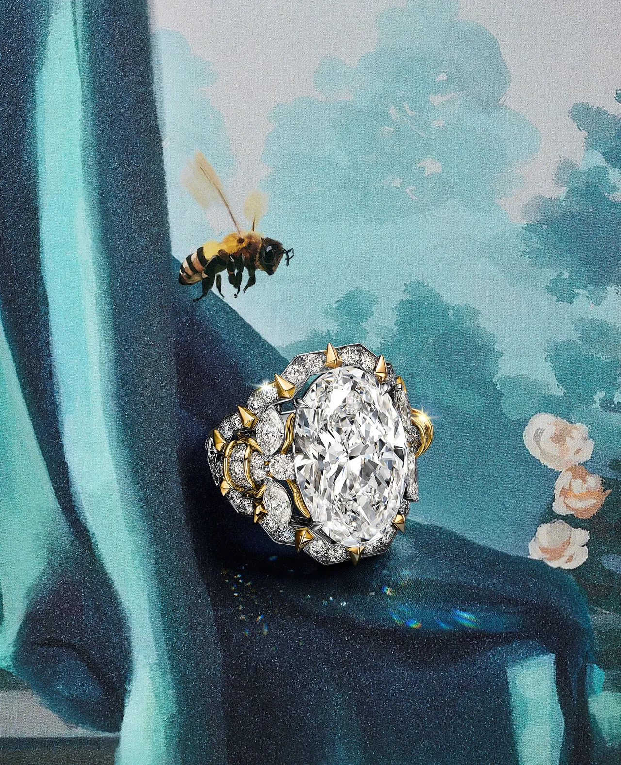 蜂縈流光篇章鉑金和黃K金戒指，鑲嵌一顆10.17克拉D Color Type IIa橢圓形切割鑽石，並以鑽石點綴。品牌提供