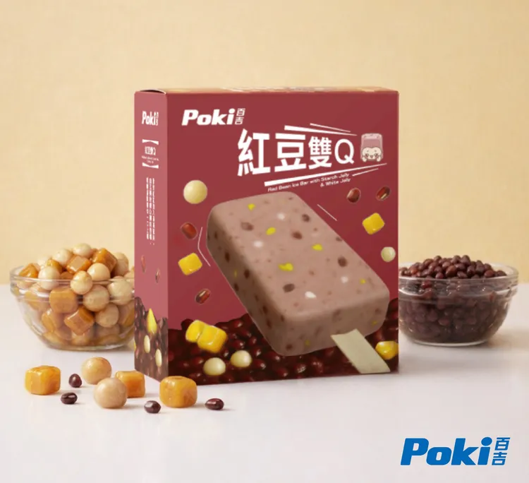 Poki 百吉推出升級版新品「紅豆雙 Q 雪糕」，一次集結紅豆顆粒、Q 彈白玉與古早味粉粿，即日起在家樂福、全聯上市。業者提供