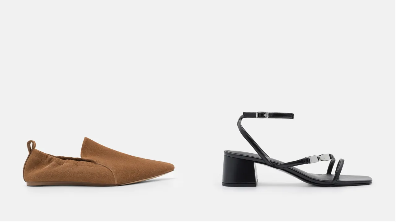 PEDRO皺皮便鞋（左）2990元、Hitch腳踝帶高跟涼鞋（右）2390元。品牌提供
