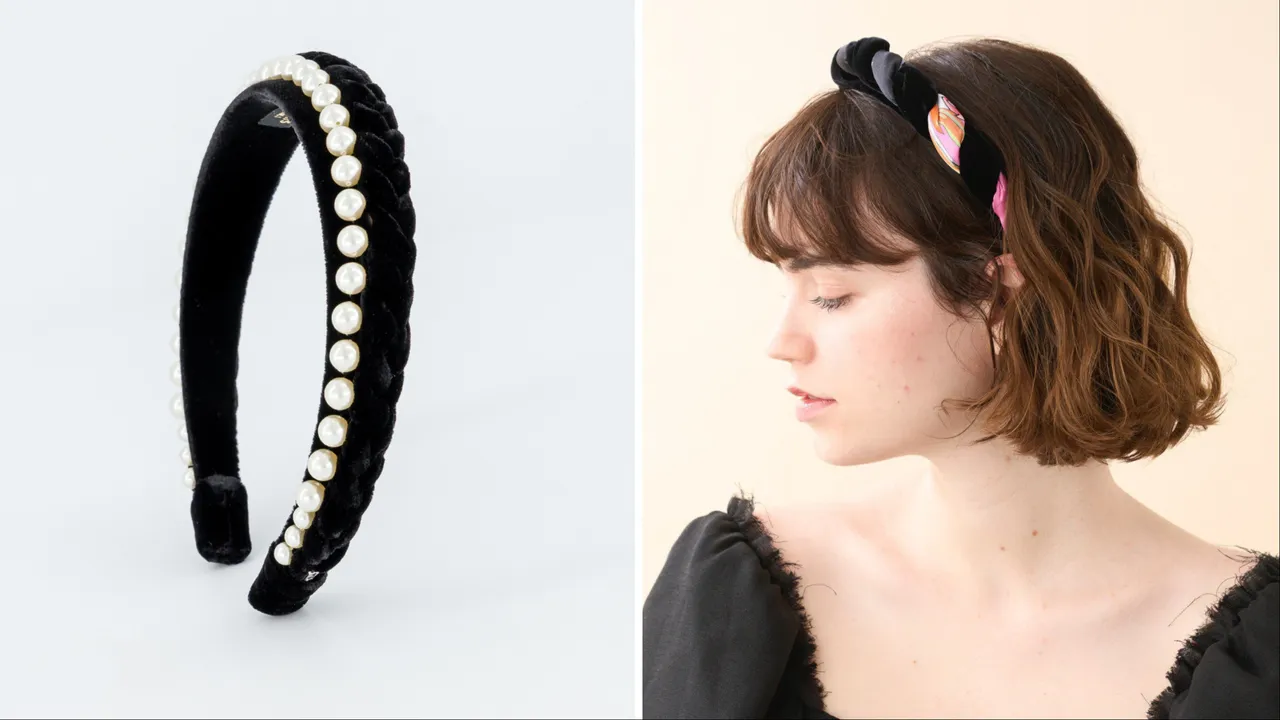 亞歷山卓絲絨三股辮珍珠髮箍（左）1萬5200元、真絲印花麻花捲髮箍（右）9900元。品牌提供