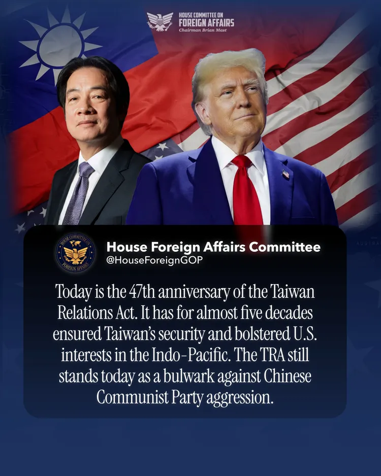 文中強調今年是台灣關係法實施47周年。翻攝自X