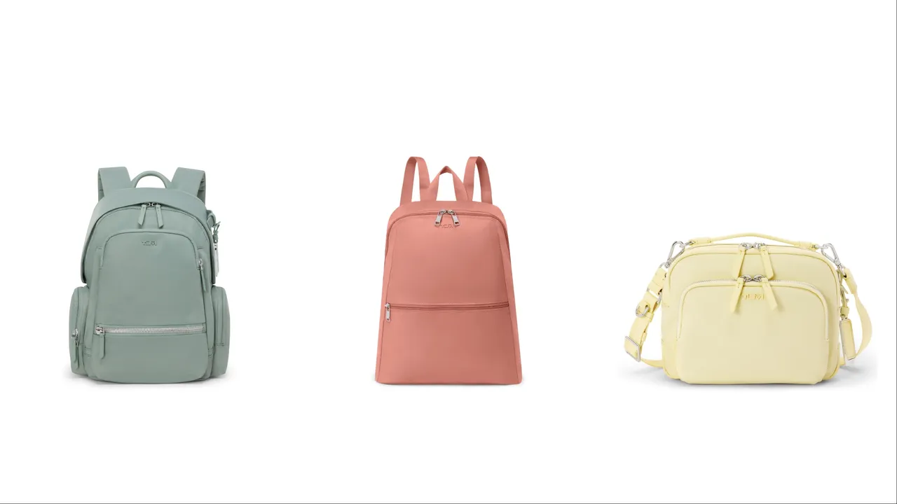 TUMI VOYAGEUR系列Celina百里香綠中型後背包（左起）1萬6900元、JUST IN CASE粉陶色後背包1萬1600元、Teghan柔霧黃斜背包1萬2800元。品牌提供