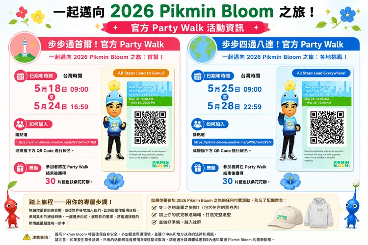 官方公開兩場Party Walk活動專屬QR Code，玩家可透過掃描快速加入「首爾暖身行走」與「全球各地挑戰」活動，一起為2026 Pikmin Bloom之旅提前開走。AI製表