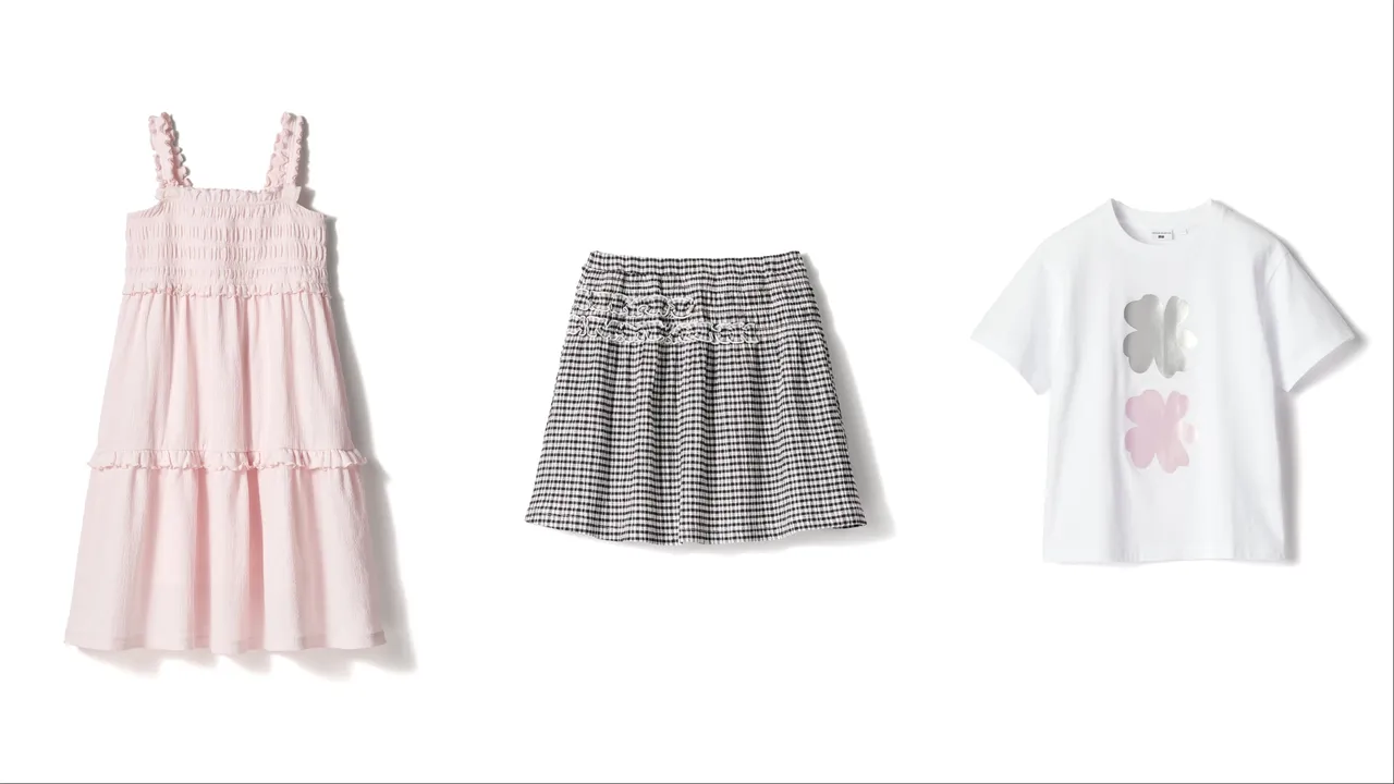 UNIQLO and Cecilie Bahnsen 2026春夏聯名系列童裝壓褶洋裝（左起）990元、壓褶褲裙690元、印花T恤390元。品牌提供