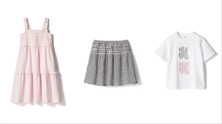 UNIQLO and Cecilie Bahnsen 2026春夏聯名系列童裝壓褶洋裝（左起）990元、壓褶褲裙690元、印花T恤390元。品牌提供