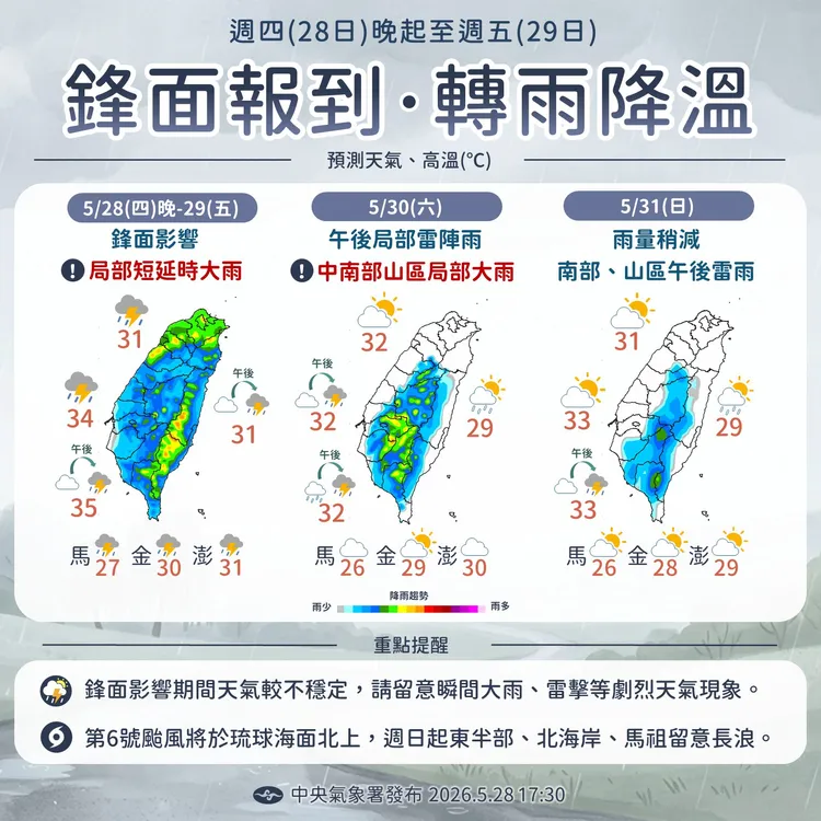 今明兩天南部午後留意雷雨。中央氣象署