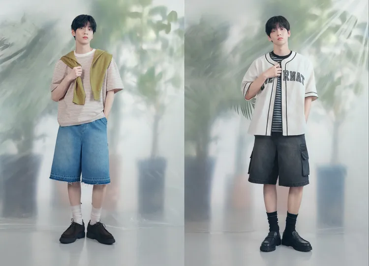 秀彬換上COVERNAT條紋T-Shirt、工裝風短褲、棒球領上衣等單品打造清新造型。品牌提供
