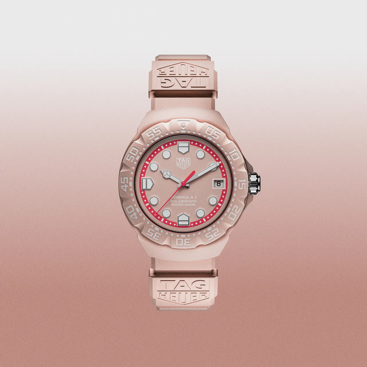 TAG Heuer Formula 1 Solargraph腕錶粉紅色限量款，38mm，環保再生生質尼龍纖維錶殼，粉紅色蛋白石錶面，橡膠錶帶，Calibre TH50-00太陽能石英機芯，滿電可運作10個月，防水深度100米，6萬3300元。品牌提供