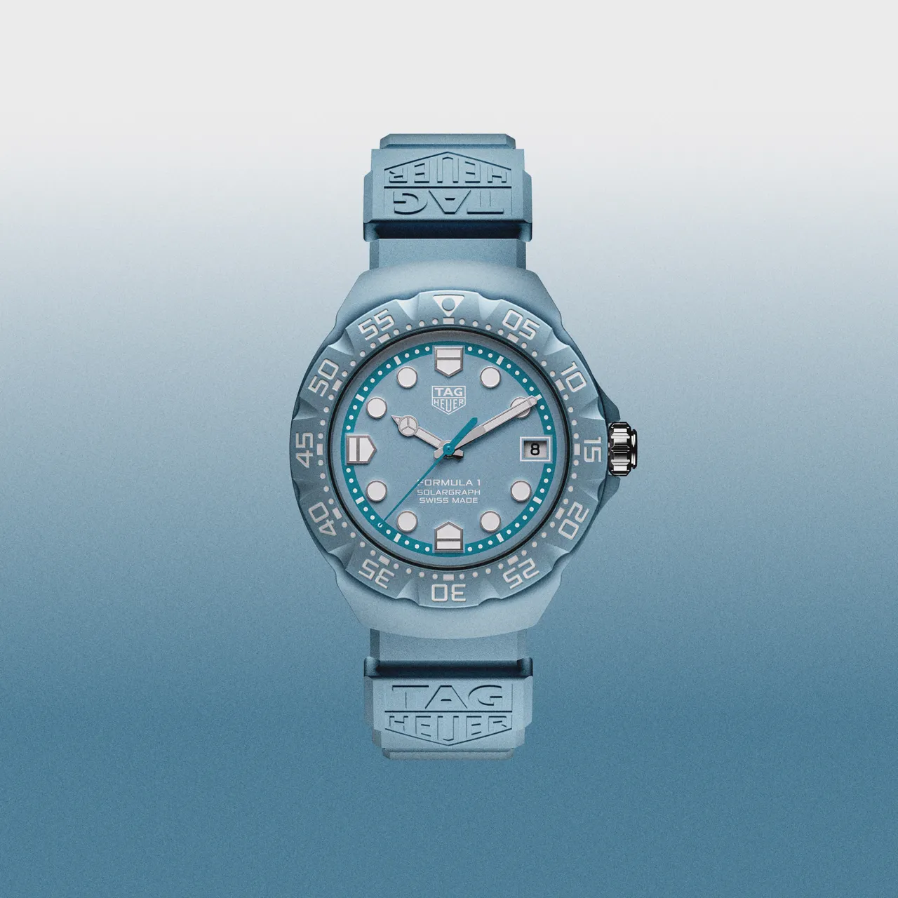 TAG Heuer Formula 1 Solargraph腕錶粉藍色限量款，38mm，環保再生生質尼龍纖維錶殼，粉藍色蛋白石錶面，橡膠錶帶，Calibre TH50-00太陽能石英機芯，滿電可運作10個月，防水深度100米，6萬3300元。品牌提供