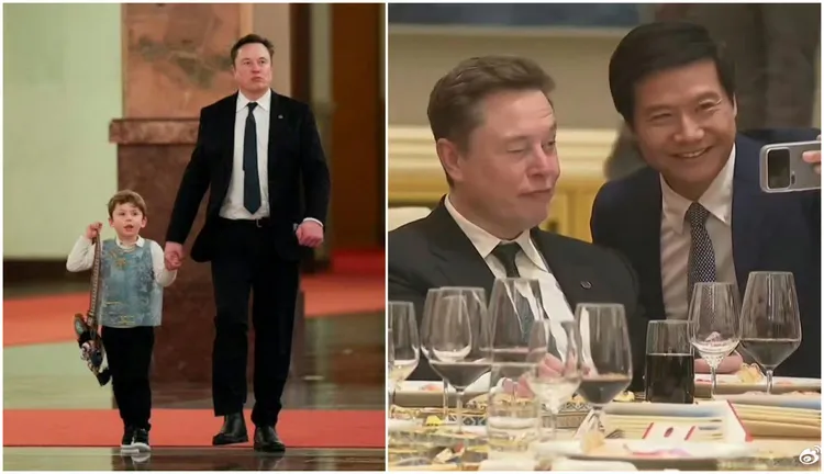 馬斯克帶兒子同赴中國，他在宴席上與小米集團執行長雷軍自拍。