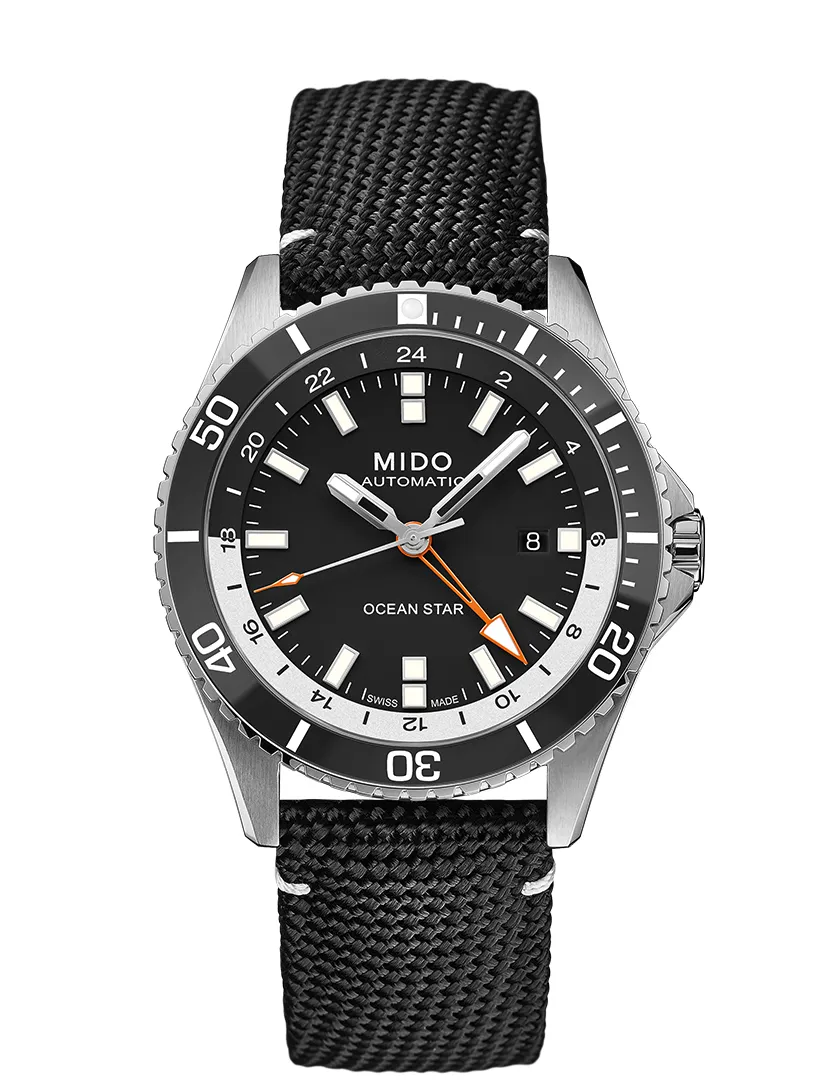 MIDO Ocean Star GMT腕錶，44 mm，絲光打磨與拋光不鏽鋼錶殼，黑色陶瓷單向旋轉錶圈，Caliber 80自動上鍊機芯，200米防水，快拆更換系統，4萬3300元。品牌提供