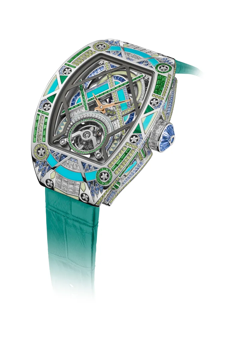 Richard Mille RM HJ-02 自製機芯自動上鍊陀飛輪腕錶，18K白金鑲嵌寶石與裝飾石材錶殼，鏤空鑲嵌寶石錶盤，CRMT2 自製自動上鍊陀飛輪鏤空機芯，動力儲存約50小時，防水深度50米，限量12只（每只均為獨一無二孤品）。品牌提供