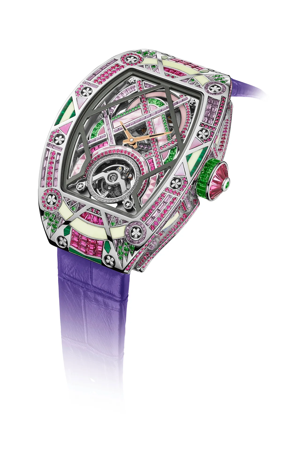 Richard Mille RM HJ-02 自製機芯自動上鍊陀飛輪腕錶，18K白金鑲嵌寶石與裝飾石材錶殼，鏤空鑲嵌寶石錶盤，CRMT2 自製自動上鍊陀飛輪鏤空機芯，動力儲存約50小時，防水深度50米，限量12只（每只均為獨一無二孤品）。品牌提供