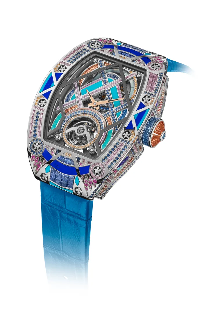 Richard Mille RM HJ-02 自製機芯自動上鍊陀飛輪腕錶，18K白金鑲嵌寶石與裝飾石材錶殼，鏤空鑲嵌寶石錶盤，CRMT2 自製自動上鍊陀飛輪鏤空機芯，動力儲存約50小時，防水深度50米，限量12只（每只均為獨一無二孤品）。品牌提供